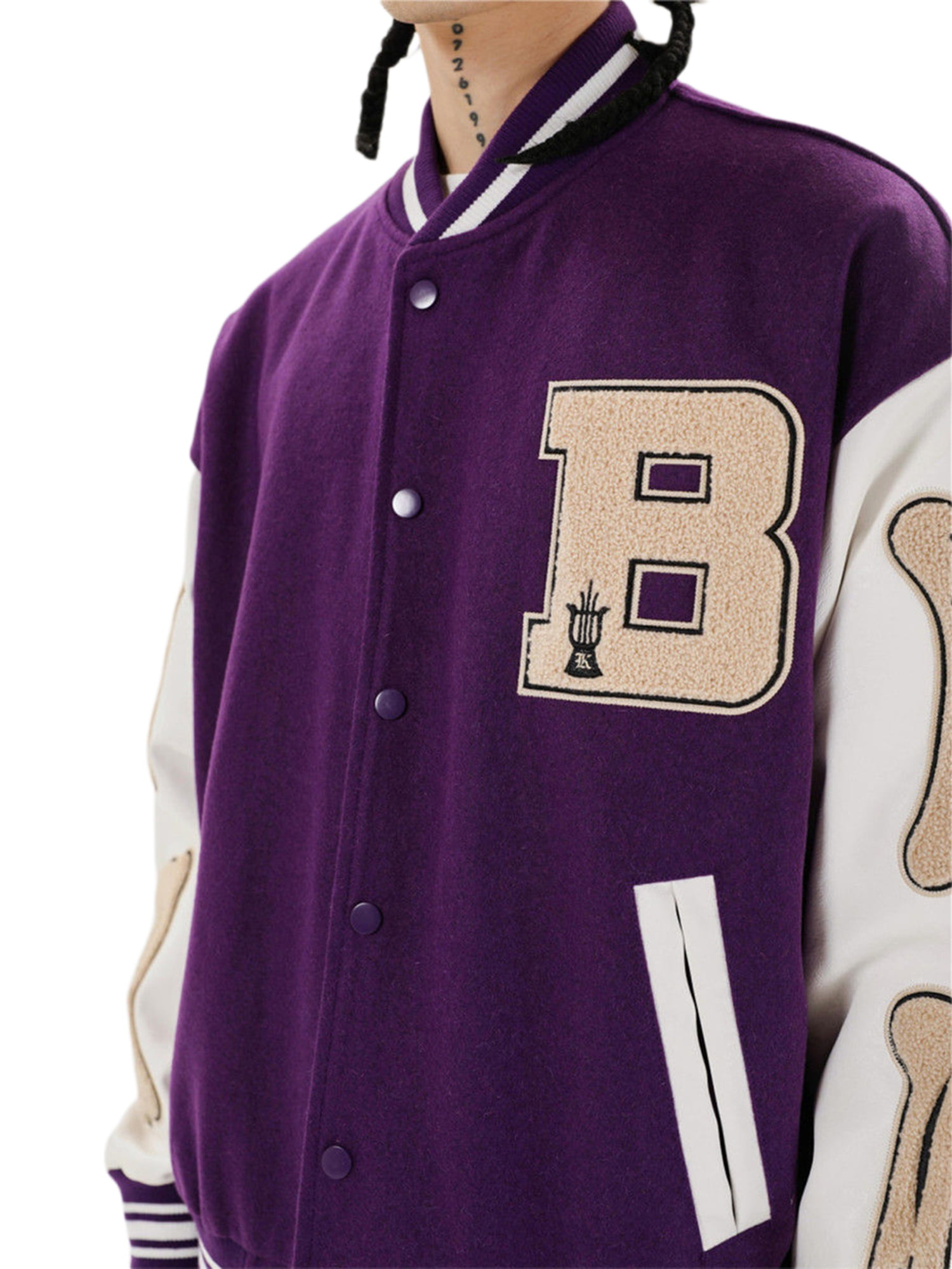 WGOUP Women 's Vintage Varsit Jacket Long Sleeve Oversized Bomber Coats  Letter Print Baseball Jacket Streetwear,Purple 