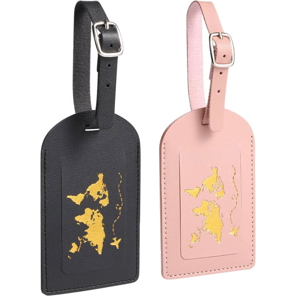 Luggage Tags for Suitcases, Suitcase Tags, Bag Tags for Luggage, 2PCS Couple Luggage Tags, PU Leather Privacy Luggage Labels with Adjustable Strap, Black Pink His and Hers Suitcase Identifiers