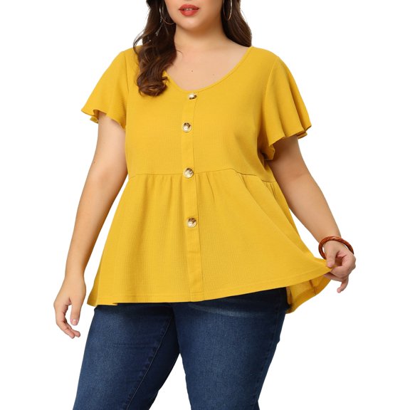 Unique Bargains Women's Plus Tops Button Front Shirts Peplum Blouse 1X Yellow