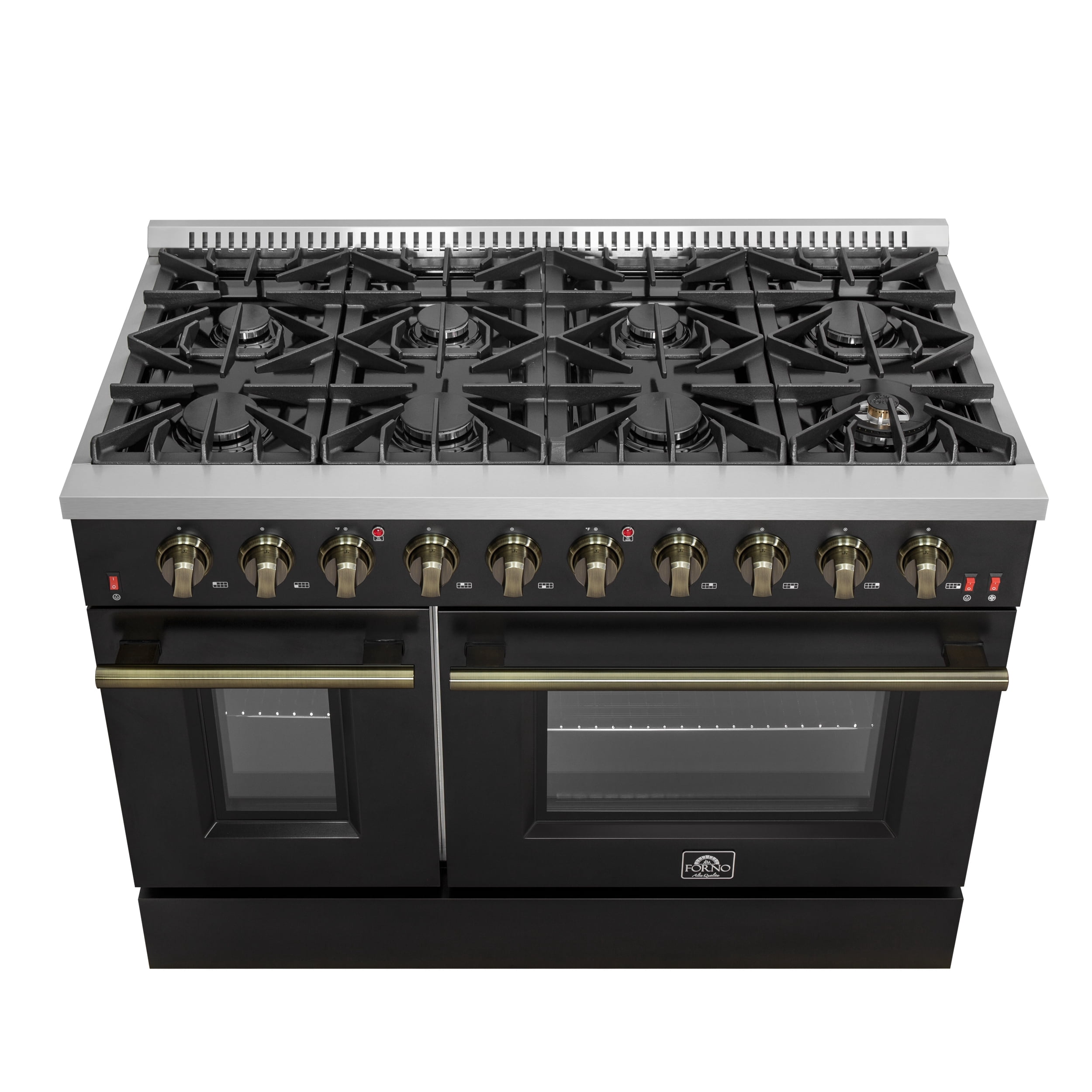 FORNO Galiano 48-inch Gas Range Black  Antique Brass Design, 8 Burners, 107,000 BTU, Griddle, 6.58 cu.ft. Double Ovens