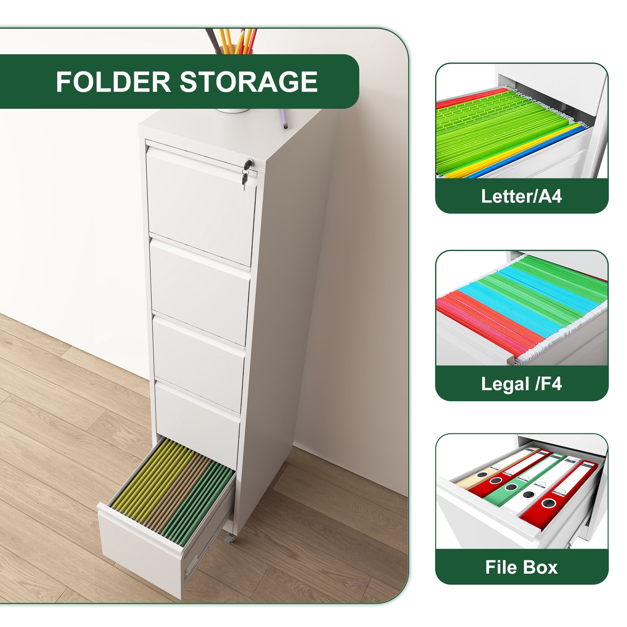 5 Drawer Metal Vertical File Cabinet with Lock on Wheels for Home Office,Heavy Duty Metal Storage Cabinet for A4/Letter/Legal Size Files, White, 17.71"D*15.16"W*64.17"H