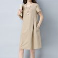 thumbnail image 2 of ZHOGXU Women's Dress Short Sleeve Round Neck Solid Color Fashion Comfortable Loose Fit Mini Dresses For Casual Daily Wear,Khaki,L, 2 of 2