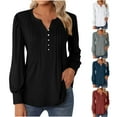 thumbnail image 4 of Women's Long Sleeve V Neck Buttons Tunic Shirts Solid Color Casual Cotton Comfy Soft Blouses Pullover Tops Wine,M, 4 of 6