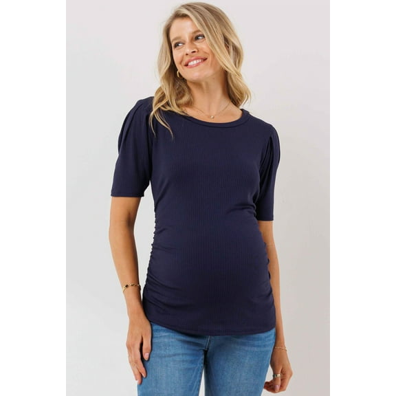 Ruched Ribbed Puff Sleeve Maternity Top