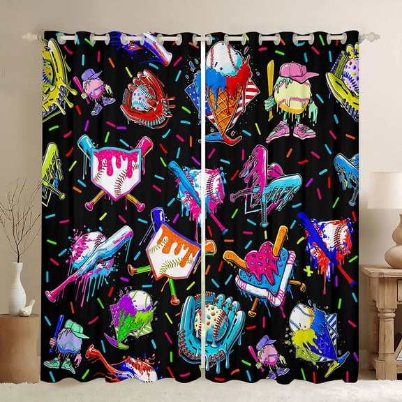 jejeloiu Watercolor Ice Cream Black Out Curtains,Baseball Sport Game Curtains Pack of 2 (42x63 Each),Colorful Graffiti Drip Bedroom Curtains For Boys Girls,Breathable Home Decor