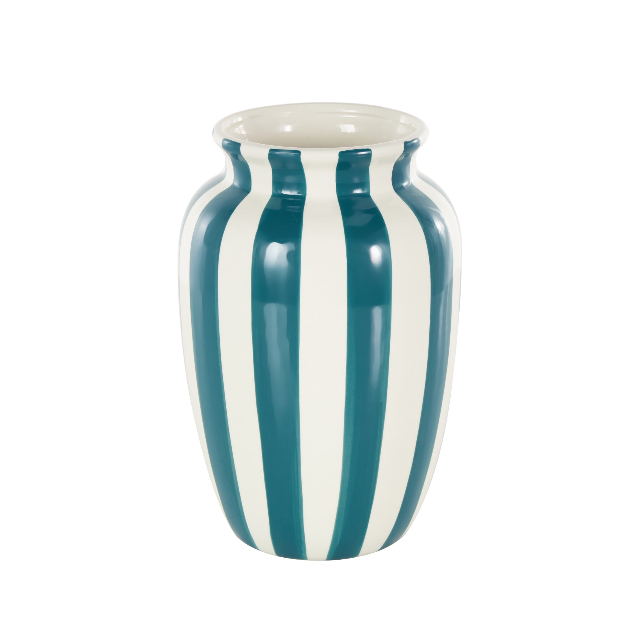 DecMode 10" Round Wide Teal Ceramic Vase with White Vertical Stripes