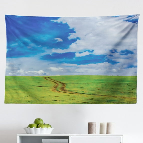 Pastoral Tapestry, Pastoral Valley Under Surreal Dreamy Sky Floral Fresh Blooming Flourishing Nature, Fabric Wall Hanging Decor for Bedroom Living Room Dorm, 2 Sizes, Multicolor, by Ambesonne