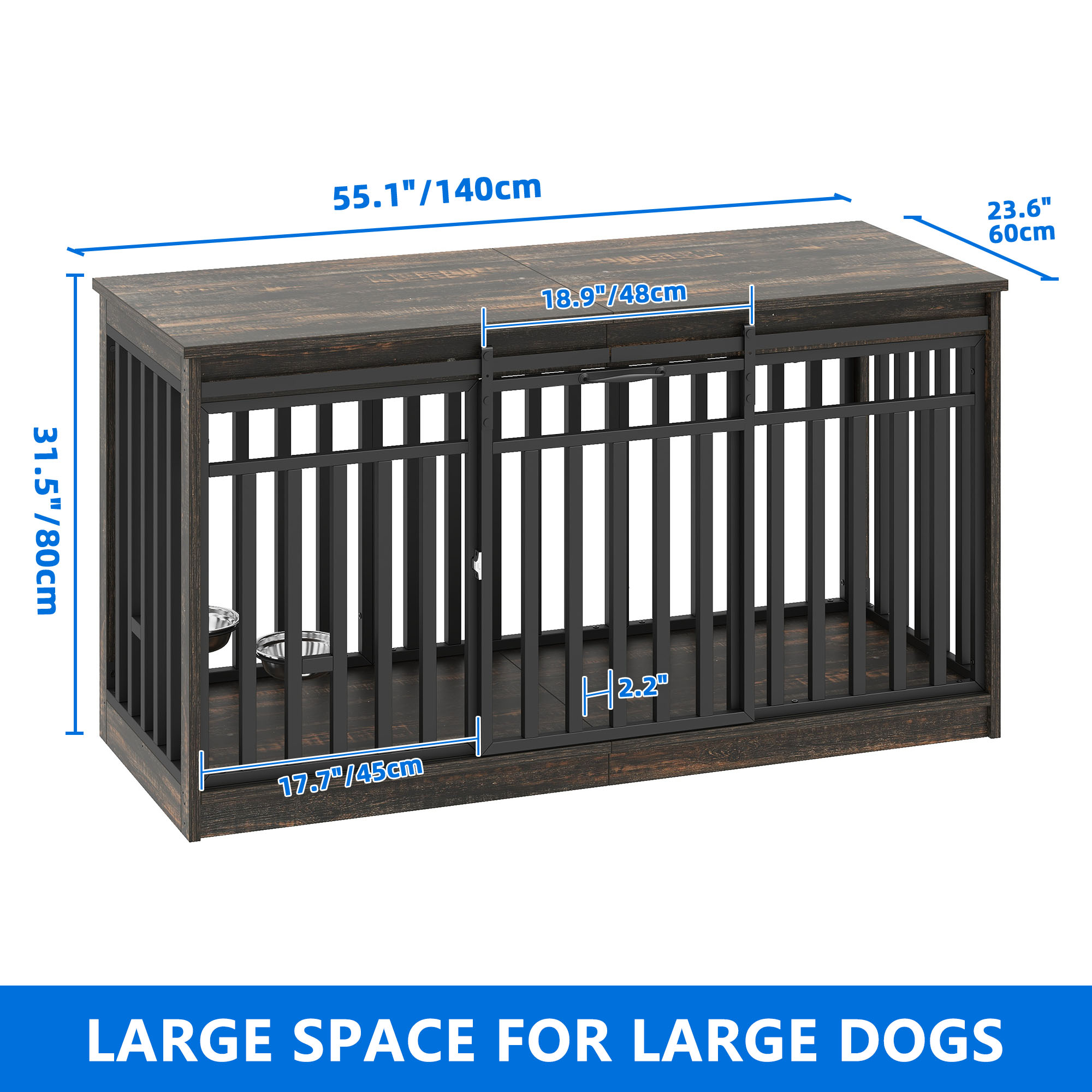 Dextrus 55" Extra Large Dog Crate Kennel Furniture with 2 Dog Bowl, Sliding Doors for Large Medium Dogs, Heavy Duty Wood TV Stand Dog Cage Table - Black Oak