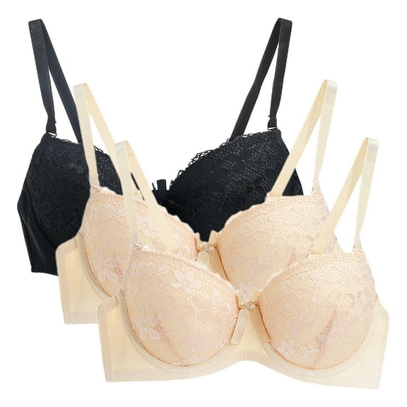WREESH 3 Pack Push-Up Bra Adaptive Bra Women Elegant Oversized Bra Super Gathered Lingerie Elegant Lace Bra Large Chest Small Size Adjustable Shoulder Straps Lace Adaptive Bra Underwear Beige