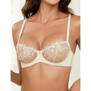 Wingslove Women's Sexy Lace Sheer Bra Demi Mesh Balconette See Through Unlined Underwire with Silicone Nipple, Nude 38DD