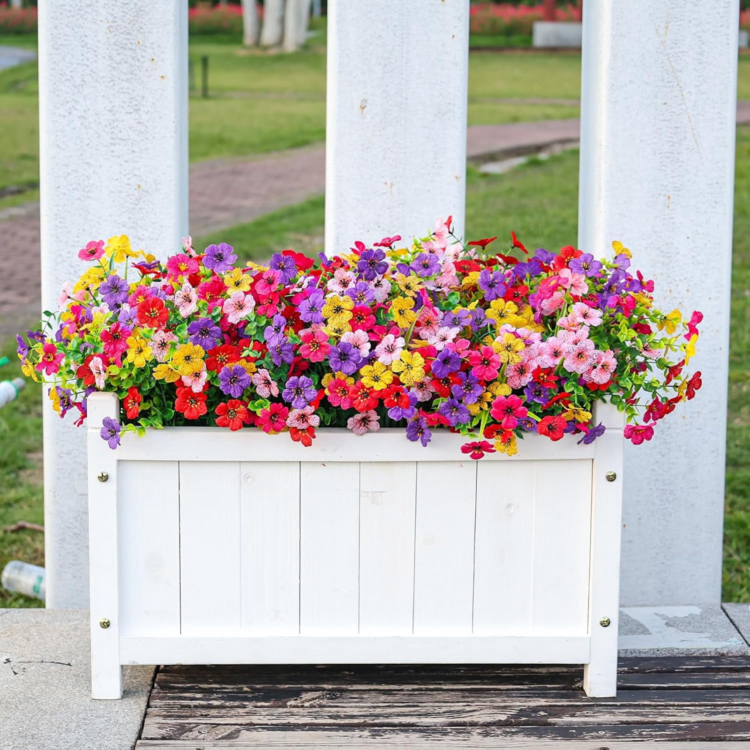 24 Bundles Artificial Flowers Faux Plants Outdoor Decor, UV Resistant Silk Violet Spring Fake Plants for Outside Indoor Yard Home Patio Porch Decor, Mix 5 Colors