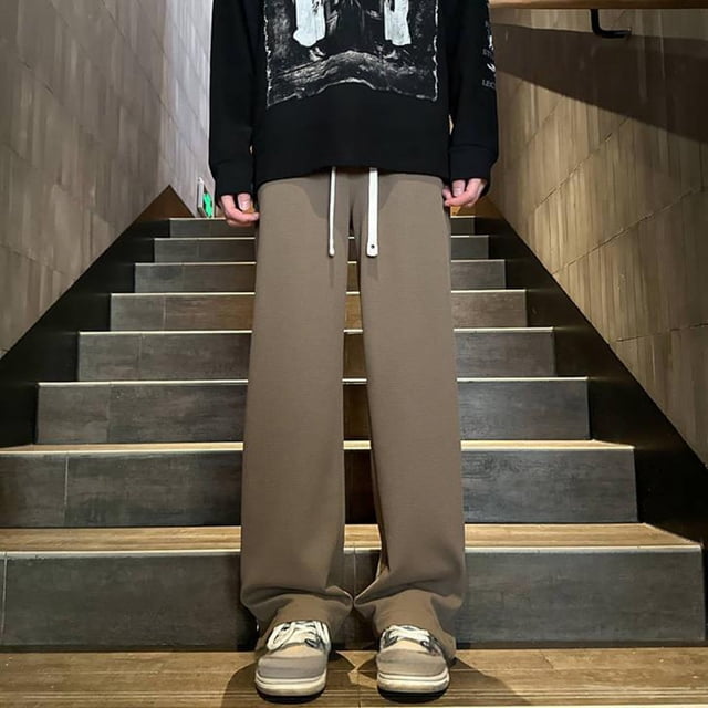 Pantalones largos para hombre, color liso, con bolsillos y cordón, abertura para el pie y cremallera, de poliéster.