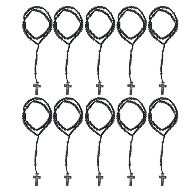 10 piezas de rosario de madera con impresión de Jesús, estilo católico unisex, cruz de cuentas de madera natural, collar de rosario, joyería para hombres y mujeres, color negro