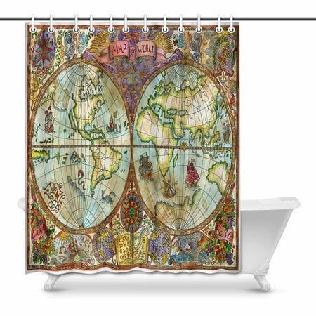 Pop World Atlas Map On Antique Paper Shower Curtain Decor 60x72