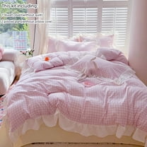 Pink Gingham Ruffle Duvet Cover Twin Size Comforter Cover Set Vintage Plaid Checkered Farmhouse Bedding Set 66"x89" 3 Pieces