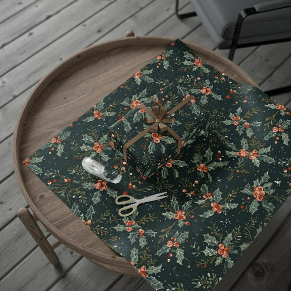 Dark Holly Berry Wrapping Paper Gothic Christmas Gift Wrap Dark Green Victorian Holiday Paper for Festive Decor, 23x58in / Roll