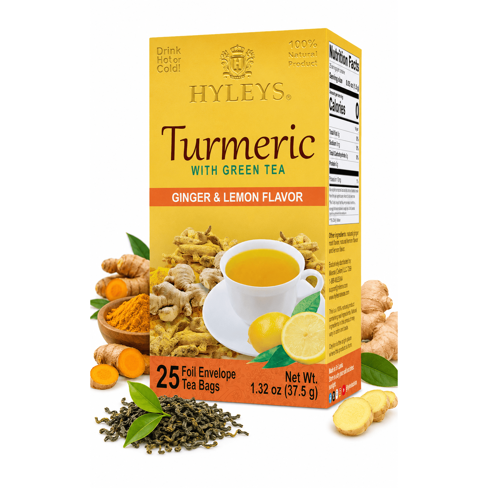 Hyleys Ginger Turmeric Tea Lemon Flavor - 300 Tea Bags (12 Pack) - Wellness Herbal Supplement Green Tea