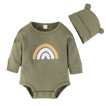

nsendm Teen Clothes for Winter Infant Boys Girls Long Sleeve Prints Triangle Romper Newborn Clothes Gift Set Army Green 9-12 Months