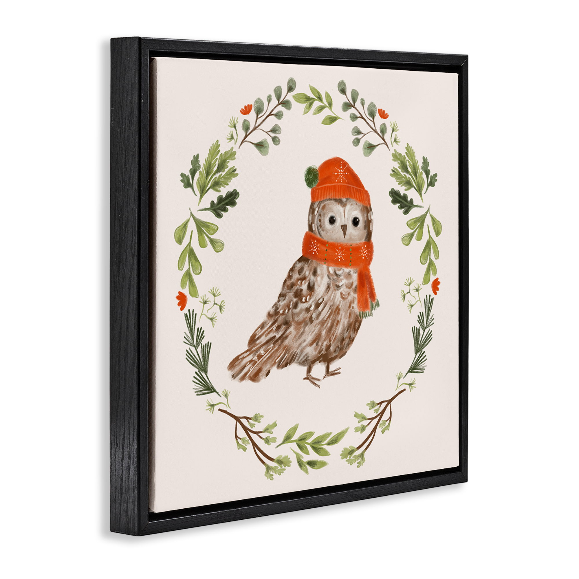 Stupell Industries Holiday Owl Wreaf Holiday Painting Black Floater Framed Canvas Art Prints Wall Art, 25 x 25