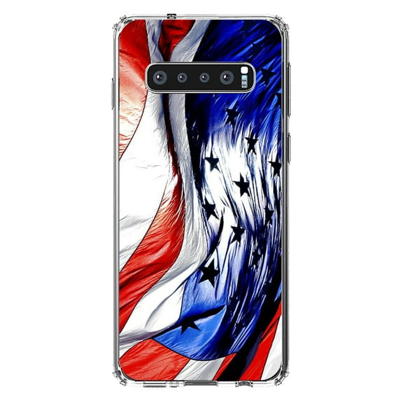 DistinctInk Clear Shockproof Hybrid Case for Samsung Galaxy S10 (6.1" Screen) - TPU Bumper, Acrylic Back, Tempered Glass Screen Protector - Red White Blue United States Flag Waving - America