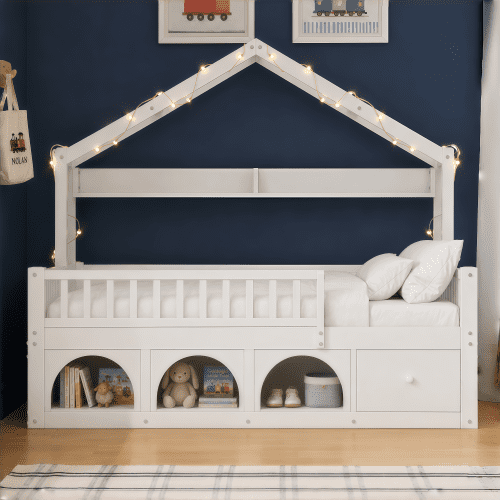Mintazer Twin Montessori Floor Bed with LED Lights & Bookshelf, Kids House Floor Bed with 3 Arched Cubbies & Drawer and Guardrail for Boys Girls Bedroom Playroom, White
