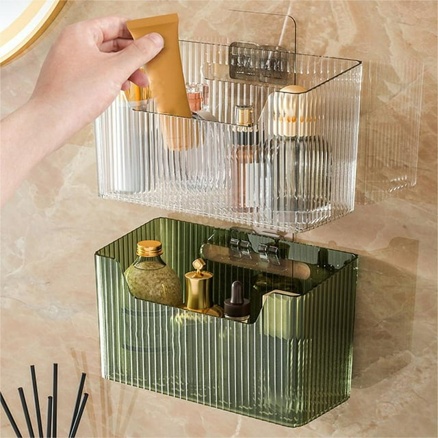 Fiudx Caja de Almacenamiento para Baño, Diseño de Montaje En Pared, Gancho Adhesivo Sin Perforar, Organizador Compacto, Colores Transparente y Verde Militar, Ideal para Artículos de Tocador, Fácil de
