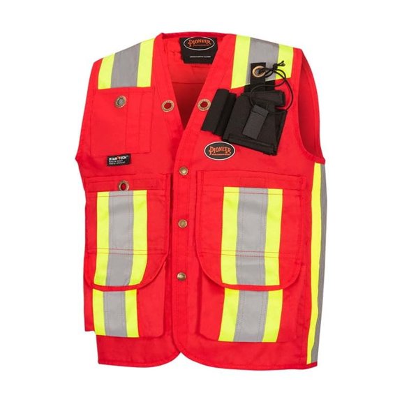 Pioneer Hi Vis Surveyor/Supervisor's Safety Vest - 12 Pockets - Hi-Vis 600D PU-Coated Oxford Poly - Snap Closure - Red