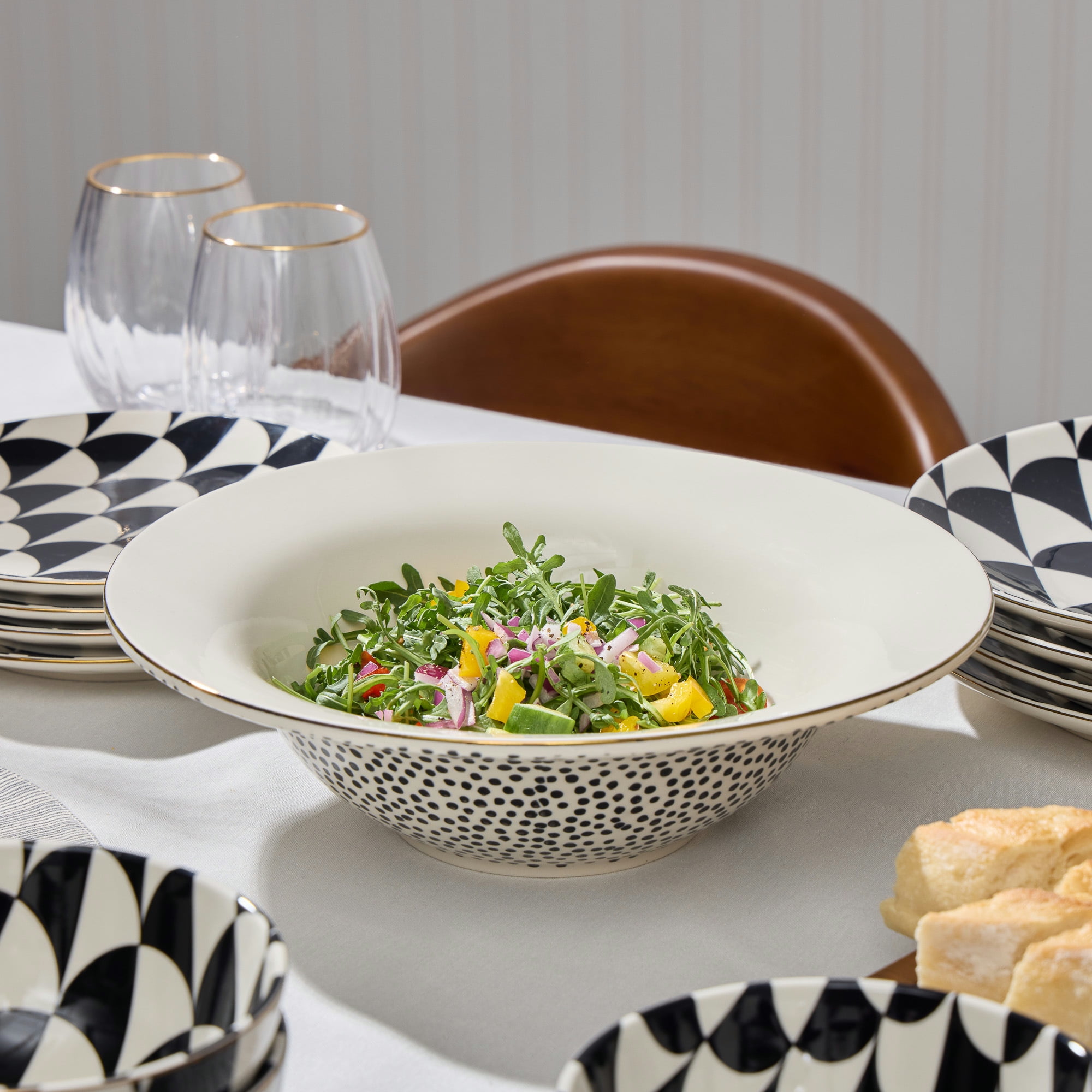 Thyme & Table Dot Ceramic 3-Piece Serve Bowl Black and White with Wood Serve Utensils