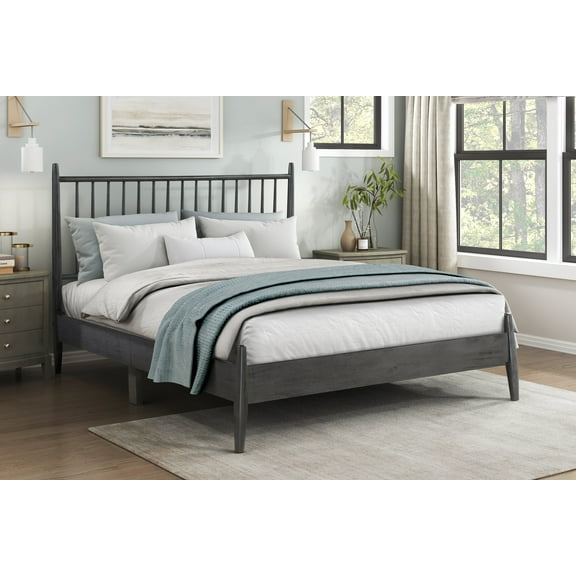 Newboti Furniture Mid-Century Modern Design Queen Platform Bed 1Pc Gray Finish Wooden Bedroom Furniture Vertical Slats Headboard 1133