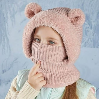 Toddler Winter Hat Baby Balaclava 2 in 1,Fleece Lined Knitted Beanie with Face Mask, Ear Flaps & Double Pom Pom for Boys Girls 1-4T (Bear Pink