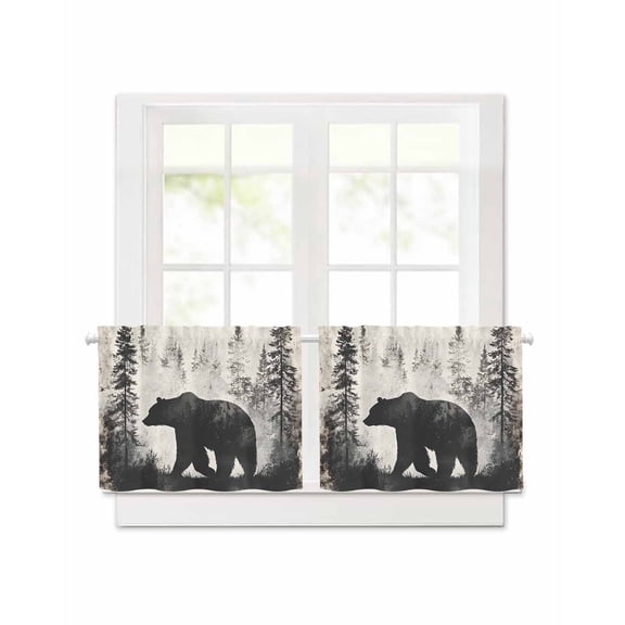 Brown Bear Forest Silhouette Short Blackout Curtains 24 Inch Long Vintage Animal Trees Rod Pocket Kitchen Curtains, 2 Panels Thermal Insulated Room Darkening Drapes for Bedroom, 30"W x 24"L