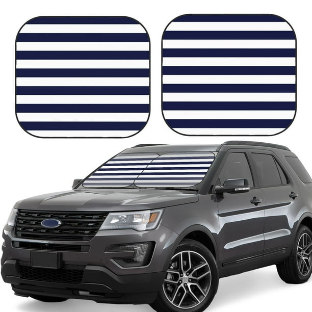 Balery Navy Blue And White Stripes Parasol para parabrisas de coche de 2 piezas | Parasol plegable para parabrisas delantero de coche para la mayoría de sedanes-Medium