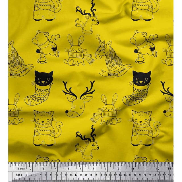 Soimoi Yellow Modal Satin Fabric Unicorn & Bunny Cartoon Printed Craft Fabric by the Yard 42 Inch Wide