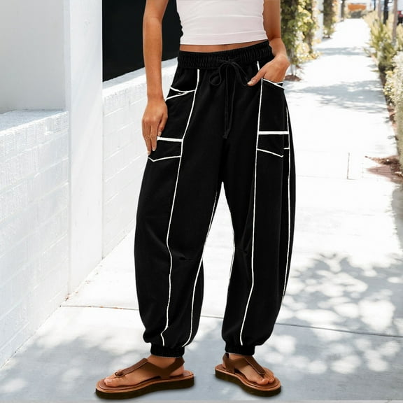 UQJfacai Womens Baggy Barrel Pants Elastic High Waisted Cinch Bottom Sweatpants Fall Winter Color Block Lounge Pants with Pockets