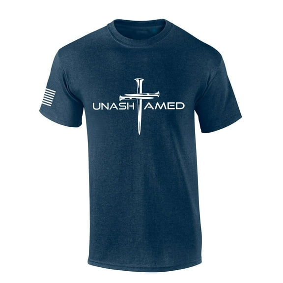 Mens Christian Shirt Nail Cross Unashamed Short Sleeve T-shirt Graphic Tee-Heather Navy-6xl