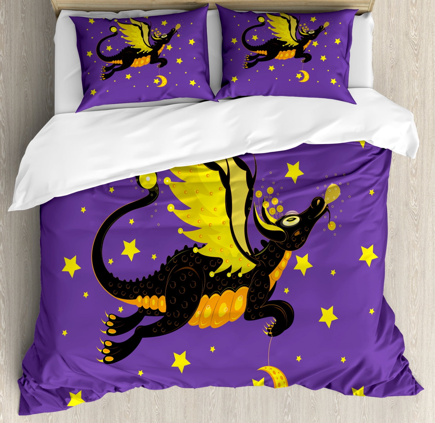 Dragon Duvet Cover Set Queen Size, Night Sky with Fierce Creature Moon and Stars, 3 Piece