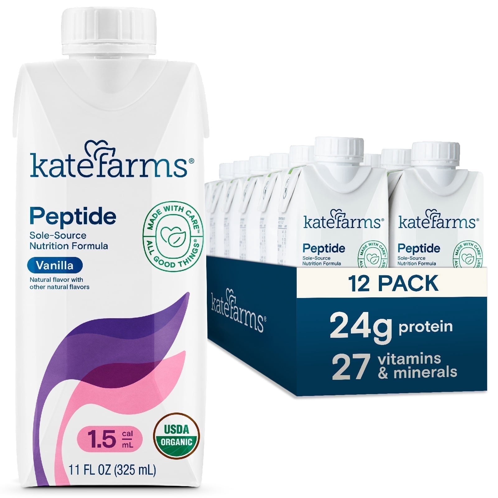 Kate Farms Organic Vegan Peptide 1.5, Vanilla, Meal Replacement Shake, 11 fl oz (12 Pack)