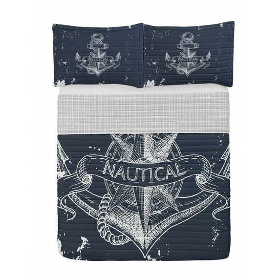 Marine Reversible Bedspread Set, Nautical Knot Compass Anchor Pattern Sea World Ocean Life Grunge Illustration, Pillow Shams & Comforter Microfiber Bedding Set, 3 Sizes, Dark Blue White, by Ambesonne