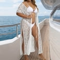thumbnail image 5 of Plus Size Women's Sheer Lace Tie-Waist Long Kimono, Open Front Crochet Cover-Up with Slit Sides and Short Sleeves, Lightweight Swimwear Tunic for Beach, Pool and Vacation White Free Size, 5 of 5
