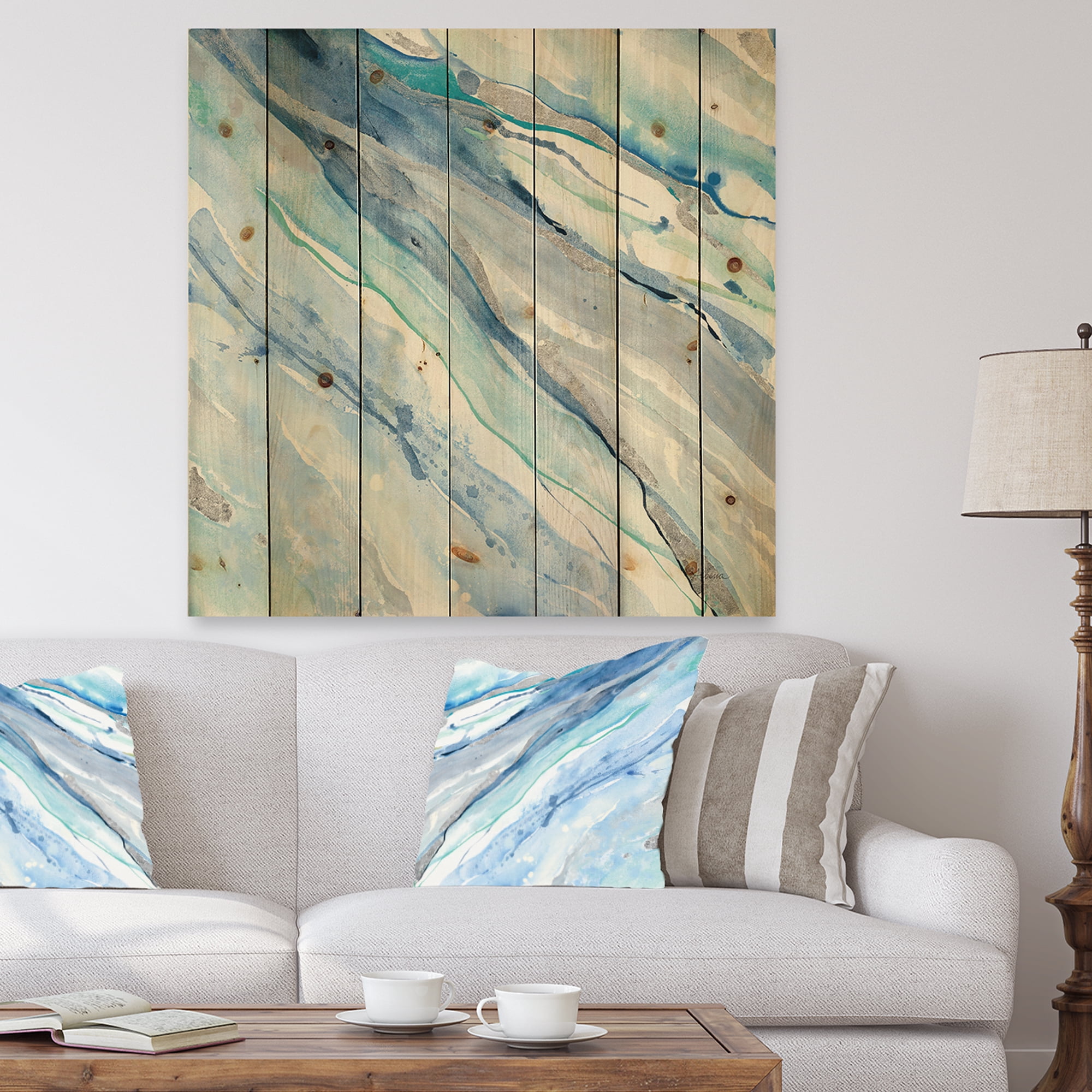 Designart 'Fractal Blue Silver Spring II' Modern Lake House Print on Natural Pine Wood
