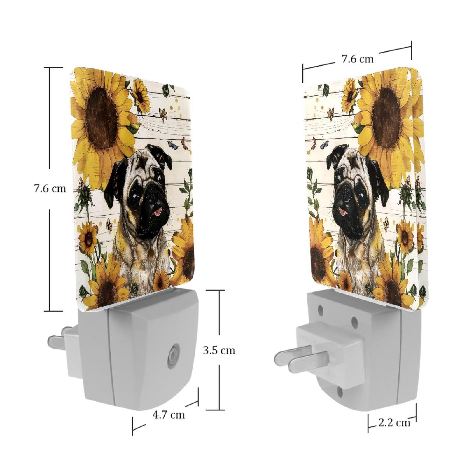 PhooArto Sunflower Pug Dog Wooden Board Plug in LED Night Light Auto Sensor Dusk to Dawn Decorative Night for Bedroom, Bathroom, Kitchen, Hallway, Stairs, Baby's Room, Energy Saving