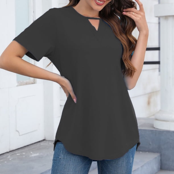 Fiudx Tops para Mujer Blusa de Manga Corta con Cuello Redondo y Color Sólido a La Moda para Mujer