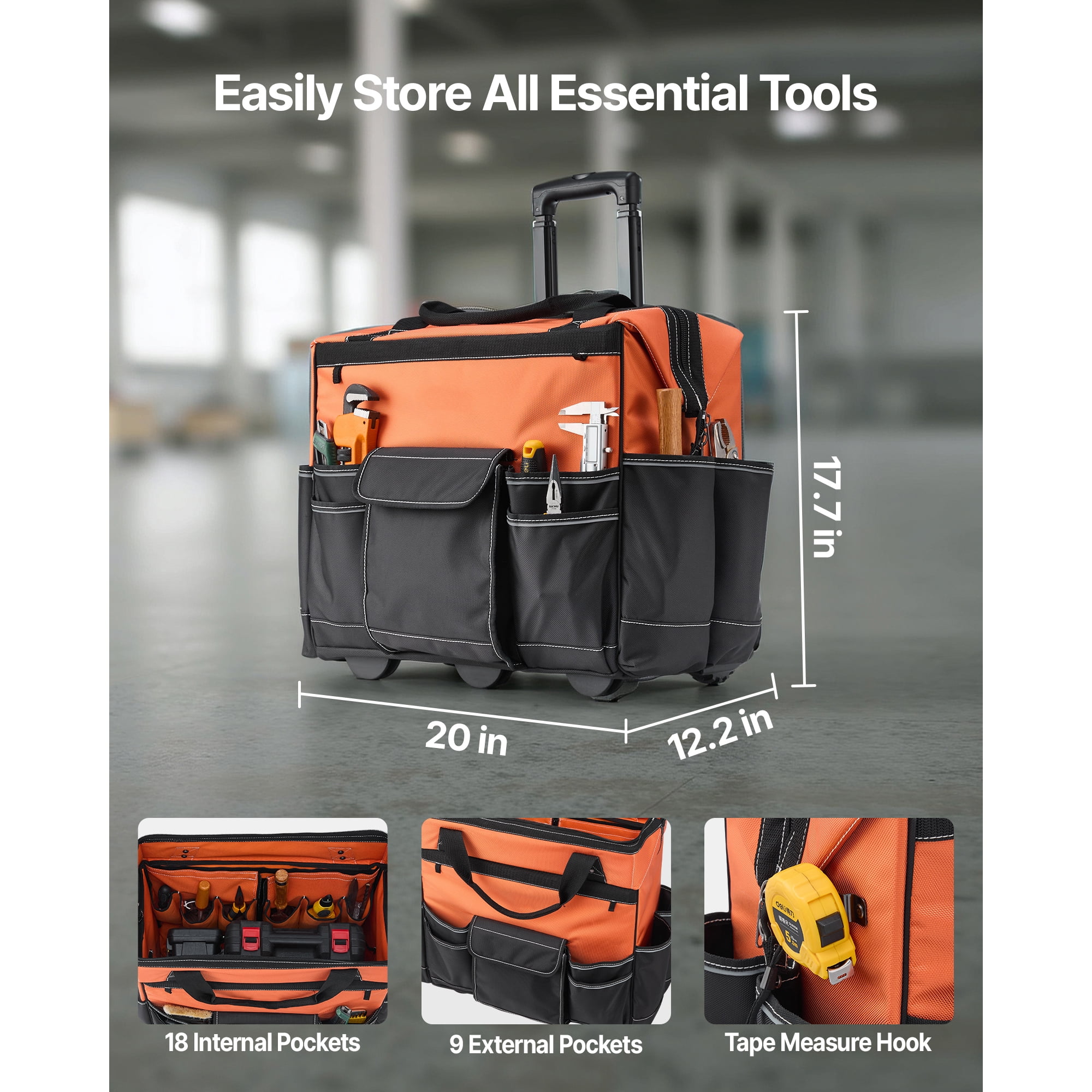 KFFKFF Rolling Tool Bag with 110 lbs Capacity, 27 Pockets, Durable Design with Wheels, Adjustable Handle and Stable Base, Ideal for Construction and Mechanic Tool Organization