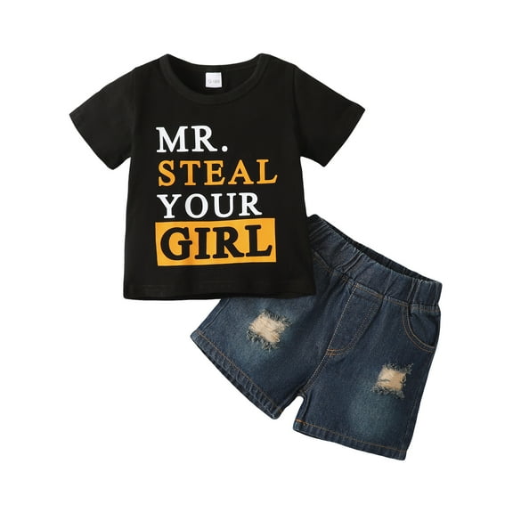 3T Toddler Baby Boys Clothes Baby Boys Outfits 3-4T Boys Short Sleeve Letter Print Top Ripped Denim Shorts 2PCS Boys Summer Clothing Set Black