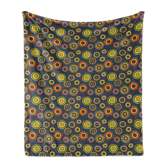 Yellow and Green Soft Flannel Fleece Throw Blanket, Psychedelic Circles Pattern on a Background of Polka Dots, Cozy Plush for Indoor and Outdoor Use, 70" x 90", Dark Teal and Multicolor, by Ambesonne