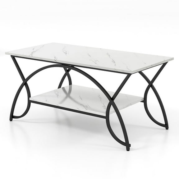 Resenkos 2-Tier Faux Marble Coffee Table with Marble Top and Metal Frame-Black & White, Modern Coffee Table for Living Room Office Reception