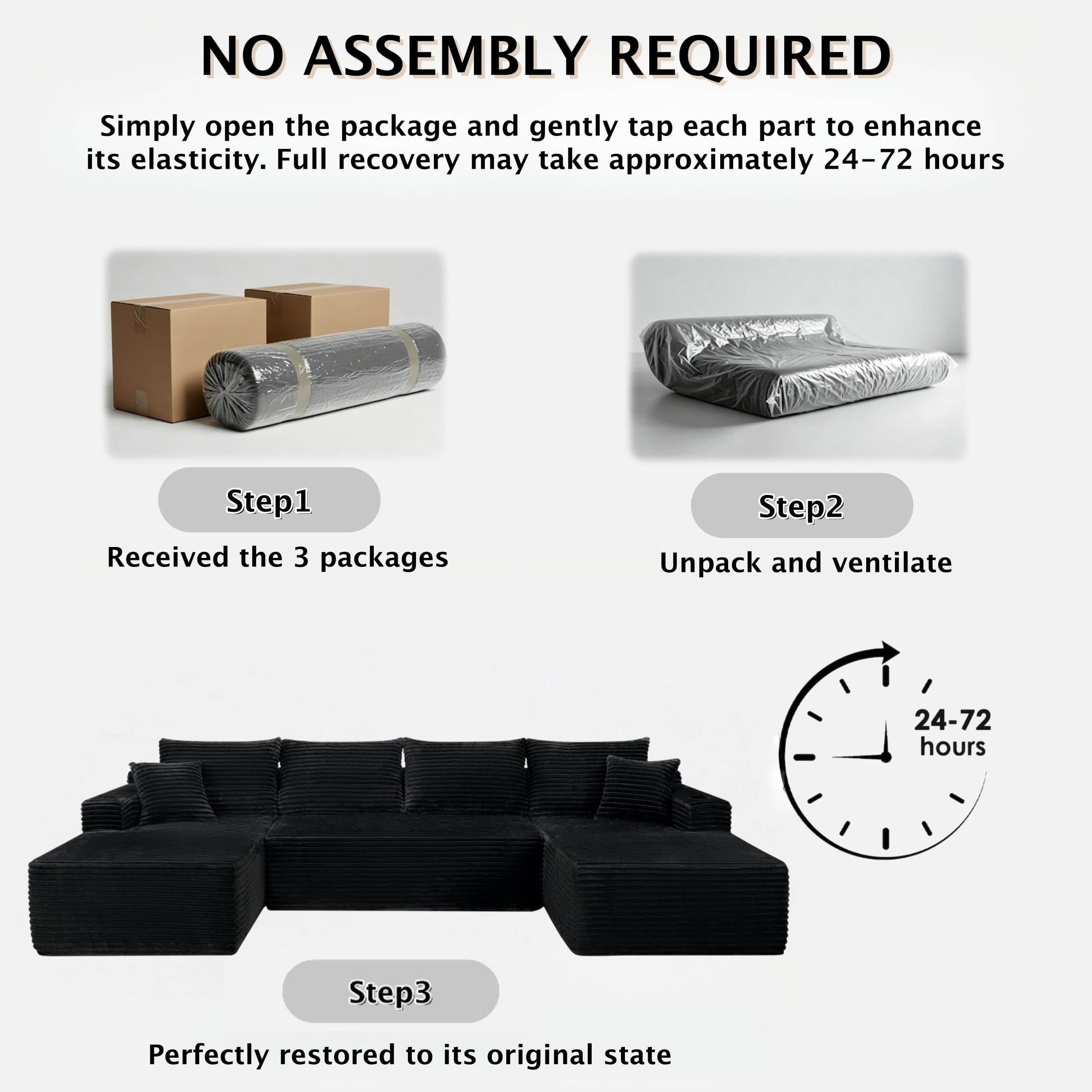 ShiKeyi 134" Modular U-Shaped Cloud Sofa, 5-Seater Corduroy Sectional Couch with Deep Seats Double Chaise & Soft Boneless Design, Black