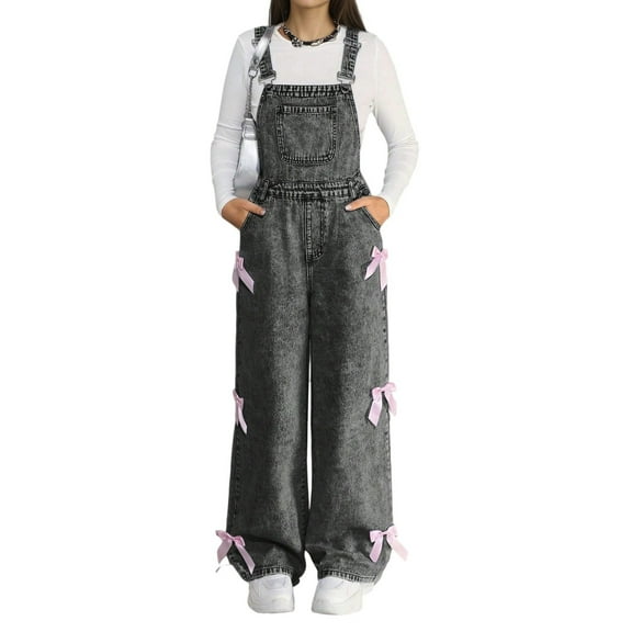 Hifoo Girls Denim Overalls Snowflake Washed Wide Leg Long Sleeve Jumpsuit With Bow Casual Fashion Teen Girls Stylish Child Solid Color One-Pieces