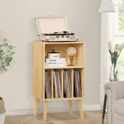 Record Player Stand, Vinyl Record Storage Cabinet, Mid-Century Turntable Stand Table Holds Up to 160 Albums Living Room Bedroom Office, Natural Wood