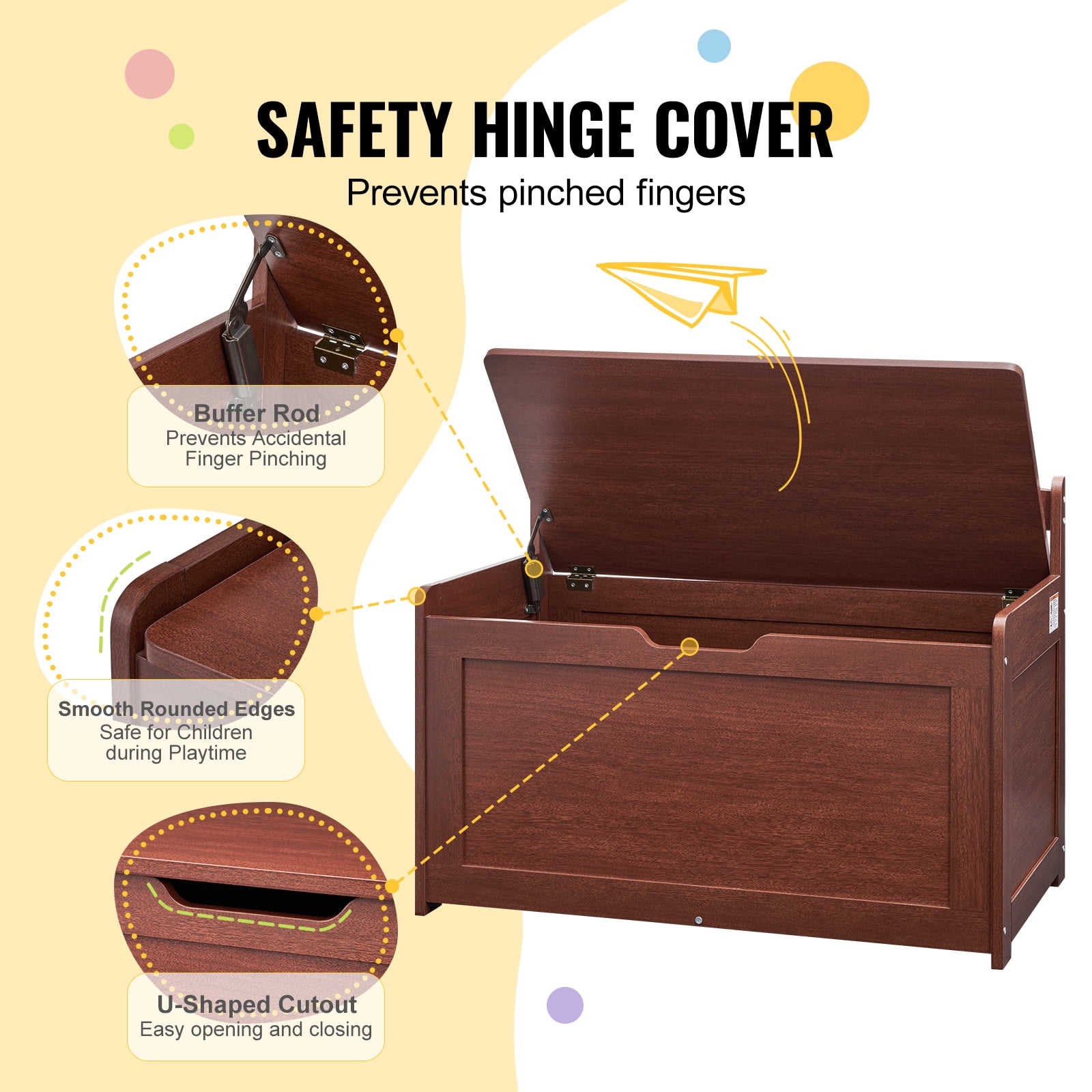 KFFKFF Children's Wooden Storage Chest, Flip-Top Lid with Safety Hinge, 32.68 x 17.91 x 24.02" Spacious Bench for Toys, Suitable for Playrooms, Bedrooms, Living Spaces, Cherry Finish